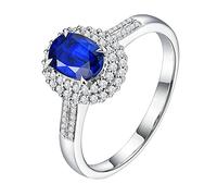 Tolldek Anillo de solicitud de oro auténtico de 18 K Au750, anillo de solicitud, halo de corte ovalado, 1 ct, azul zafiro, oro 750, anillo de pareja, diamante sin alergias, Oro blanco de 18 quilates