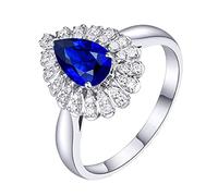 Tolldek Anillos de boda de oro blanco de 18 quilates 750, banda de boda pequeña con filo de gota de 0,65 quilates, azul zafiro, oro de 18 quilates, anillos de pareja, diamante auténtico, sin alérgenos