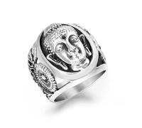 Tolldek Anillos de compromiso de 22,6 mm, para hombre, de Buda, de acero inoxidable, de plata, de acero inoxidable, talla 54-70, Acero inoxidable, Sin circonita