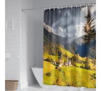 Tolldek Cortina de ducha de 165 x 200 cm, textil gris, amarillo y verde, diseño de pueblos montañas, resistente al agua, antimoho, cortina de baño, poliéster, lavable, cortina de baño, 1,65 x 2 m de