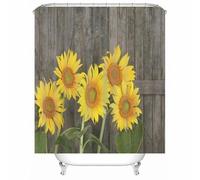 Tolldek Cortina de ducha impermeable lavable amarillo, puerta de madera, diseño de flores de sol, cortina de baño, poliéster, antimoho, resistente al agua y se seca rápidamente, lavable rápidamente