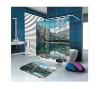 Tolldek Cortina de ducha textil, 150 x 180 cm, color azul y verde, diseño de lago de montaña, cortina de baño, poliéster, antimoho, resistente al agua y se seca rápidamente, lavable rápidamente, tela