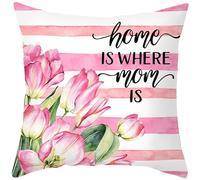 Tolldek Funda de cojín suave, diseño de letra de rayas con diseño de flor y letra Home is Where Mom, cojín decorativo cuadrado, poliéster sin arrugas, cojín para sofá, cama, decoración del hogar, rosa