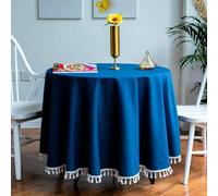 Tolldek Mantel de 260 cm, color azul oscuro, redondo, monocolor, con borla, algodón y lino, mantel decorativo, duradero, resistente a los arañazos, para jardín y comedor
