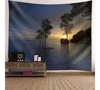 Tolldek Paño de pared, árbol de mar, amanecer, tapiz, paisaje, poliéster, decoración del hogar, para sala de estar, habitación infantil, azul oscuro, gris y negro, 200 x 200 cm