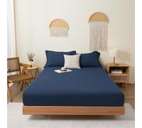 Tolldek Sábana bajera ajustable azul marino, fina, monocolor, con goma elástica, algodón, textiles, juego de ropa de cama clásica, funda de cama, protector para colchón, 200 x 220 cm