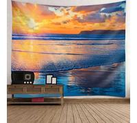 Tolldek Tapices de pared naranja, puesta de sol, mar, playa, paisaje natural, XXL, tapiz de poliéster para decoración de pared, 350 x 256 cm