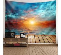 Tolldek Tapices, tablas de mar, puesta de sol, tapiz de pared, paisaje natural, XXL, poliéster, decoración de pared, para salón, dormitorio, decoración de pared, azul, naranja y marrón, 350 x 256 cm