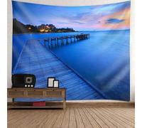 Tolldek Tapiz azul oscuro naranja, noche orilla del mar, puente de madera, pueblos, tapiz de pared, paisaje, tapiz de poliéster para salón, 150 x 150 cm