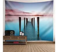 Tolldek Tapiz azul verde gris 300 x 256 cm, paisaje natural colgante de pared lago puente de madera tapices para habitación dormitorio