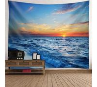 Tolldek Tapiz de pared azul y naranja 300 x 256 cm, diseño de paisaje natural, orilla del mar, puesta de sol, tapices para dormitorio, salón, habitación infantil