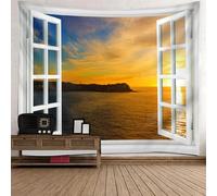 Tolldek Tapiz de pared con paisaje natural, 350 x 256 cm, para ventana, playa, puesta de sol, tapiz para colgar en la pared, color blanco y naranja, decoración para el hogar, salón, dormitorio,