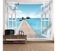 Tolldek Tapiz de pared con paisaje natural de 150 x 150 cm, con ventana de la orilla del mar, puente de madera, blanco y azul, tapices con decoración Art Nature