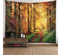 Tolldek Tapiz de pared de color naranja, marrón y verde, 300 x 256 cm, paisaje natural, sol, bosque, árbol, camino, tapices para dormitorio, salón