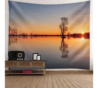Tolldek Tapiz de pared marrón y naranja 200 x 200 cm, diseño de paisaje natural de río, árbol de puesta de sol, para colgar en la pared en la decoración del salón