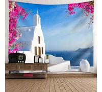 Tolldek Tapiz de pared paisaje natural 240 x 220 cm, diseño de iglesias de mar, tapiz azul y rosa, decoración del hogar para salón