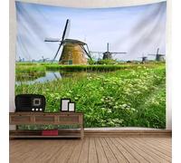 Tolldek Tapiz de pared paisaje natural 240 x 220 cm, hierba flores molino de viento, tela verde para colgar en la pared, decoración del hogar para salón, dormitorio