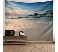 Tolldek Tapiz de pared paisaje natural 240 x 220 cm, mar playa, puente de madera, tapices para colgar en la pared, beige, azul, verde, tapices, decoración del hogar con decoración Art Nature