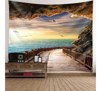 Tolldek Tapiz de pared paisaje natural 240 x 220 cm, orilla del mar, puente de madera, gaviota, tapiz, azul, verde, marrón, tapiz para colgar en la pared con decoración Art Nature