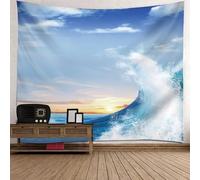 Tolldek Tapiz de pared paisaje natural 350 x 256 cm, puesta de sol, océano, océano, ola, tapiz para colgar en la pared, color amarillo y azul, tapices para decoración del hogar para sala de estar