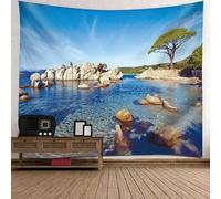 Tolldek Tapiz de pared paisaje natural 350 x 256 cm, roca océano Tapiz azul beige verde Tapiz para mantel, decoración de dormitorio