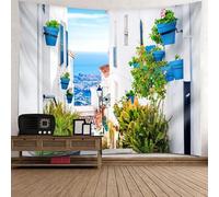 Tolldek Tapiz de pared paisaje natural blanco verde azul tapiz tapiz europeo arquitectura flores colgante de pared decoración del hogar decoración de pared 210 x 140 cm
