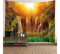Tolldek Tapiz de pared, puesta de sol, cascada, bosque, paisaje natural, tapiz de pared, poliéster, decoración del hogar con arte naturaleza, decoración del hogar, naranja, verde marrón, 240 x 220 cm
