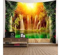 Tolldek Tapiz de pared, puesta de sol, selva, cascada, tapiz de pared, paisaje natural, poliéster, decoración del hogar para dormitorio, salón, naranja, verde, marrón, 260 x 240 cm