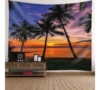 Tolldek Tapiz de playa con diseño de playa y árbol puesta de sol, tapiz natural de poliéster para decoración del hogar para dormitorio, sala de estar, habitación infantil, color naranja y lila, 350 x