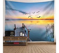 Tolldek Tapiz Paisaje Naturaleza 150 x 150 cm, Lago Puente de Madera Pájaro Tela de Pared Gris Azul Naranja Tapices Decoración para el Hogar con Art Nature Decoraciones