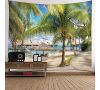 Tolldek Tapiz Paisaje Naturaleza, Tapiz Playa Coco Selva Pájaros Paisaje Colgante de Pared Poliéster Decoración de Pared para Mantel Decoración de Salón Beige Azul Verde, 240 x 220 cm