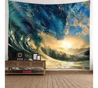 Tolldek Tapiz para colgar en la pared, paisaje natural, tapiz de pared con olas del mar, sol, toalla de pared de poliéster, para mantel, decoración de salón, azul naranja, 260 x 240 cm