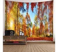 Tolldek Tapiz para colgar en la pared, paisaje, naturaleza, otoño, árbol, selva, tapiz de pared, poliéster, para mantel de dormitorio, decoración de dormitorio, amarillo, verde, naranja, rojo, 150 x