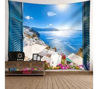 Tolldek Tapiz para colgar en la pared, ventana, ciudad junto al mar, paisaje natural, XXL, tapices de poliéster XXL, decoración para el hogar con arte de naturaleza, decoración del hogar, azul y