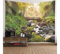Tolldek Tapiz verde 150 x 130 cm, paisaje natural para colgar en la pared, piedra arroyos, puente de madera, árbol, tela de pared, tapices con decoración Art Nature