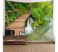 Tolldek Tapiz verde marrón 200 x 200 cm, paisaje natural, tapices de madera, puente de lago, árbol, tela de pared, tapices con decoración Art Nature