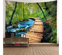 Tolldek Tapiz verde, marrón y azul, 150 x 130 cm, diseño de paisaje natural, árbol, río, puente de madera, para salón, decoración de pared