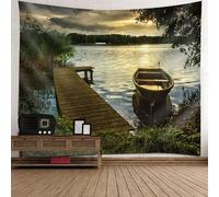 Tolldek Tapiz verde y marrón 200 x 200 cm, diseño de paisaje natural, puente de madera, barco, lago, tapices de pared con decoración Art Nature