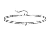 Tolldek Tobillera para mujer Boho 750, oro blanco, cadena doble con corazón letra E, tobillera para mujer, tobillera descalza, oro real de 18 K, 20 + 5 cm, Oro blanco de 18 quilates (750), Sin