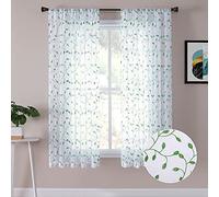 Tollpiz Cortinas Cortas traslúcidas con diseño de Hojas Verdes Bordadas para Dormitorio, con Bolsillo para Barra, de Lino sintético, para Sala de Estar, 137 x 114 cm de Largo, Juego de 2 Paneles