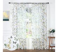 Tollpiz Cortinas traslúcidas con Estampado Floral Amarillo y Mariposas, Cortinas Cortas de Gasa con Bolsillo para Barra, de Lino sintético, para Ventana de Sala de Estar, 137 x 114 cm de Largo, Juego
