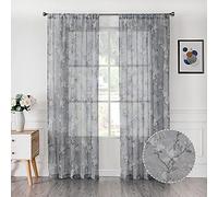 Tollpiz Cortinas traslúcidas con Estampado Floral Gris con Bordado de Vid para Dormitorio, Cortina de Gasa con Bolsillo para Barra, para Sala de Estar, 54 x 84 Pulgadas de Largo, Juego de 2 Paneles