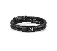 TOLOWOBK Pulsera de cuero con inicial para hombre, regalo para él, papá, marido, abuelo, novio, hermano, hijo, letras grabadas de la A a la Z, pulseras con cierre magnético negro, regalos de