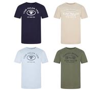 TOM TAILOR Camiseta para hombre, paquete de 4 unidades, cuello redondo, manga corta, corte regular, estampado de verano, 100% algodón, negro, blanco, verde, rojo, azul, gris