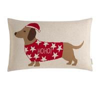 TOM TAILOR Cojín navideño rojo - Funda de cojín de Navidad - Diseño de dachshund - 100% algodón - Cojín con diseño de animales - Funda de cojín decorativa 30x50cm acogedora, suave, para sofá y como