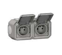 Toma de corriente doble precableada 2x2P+T 16A 250V ~ LEGRAND impermeable Plexo Gris IP55 IK08 se entrega completo para fijación saliente