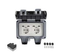 Toma de Corriente Exterior IP66 Conector USB con Doble Interruptor para Pared Enchufe con Tapa Abatible para Jardines al Aire Libre y Garajes (Doble)