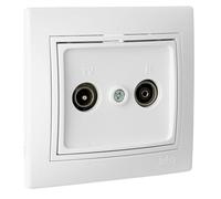 Toma intermedia blanca para TV-Radio, serie Europa, con múltiples puntos de conexión, ideal para instalaciones eléctricas y de entretenimiento.