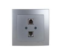 Toma telefónica empotrable 2xRJ11 plata, serie 8000 - Ideal para conectar dispositivos telefónicos en instalaciones eléctricas.