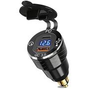 Toma USB C DIN para moto cargador, 30 W PD3.0 y 18 W QC3.0 Dual USB Din Hella Socket Plug Impermeable Aluminio Adaptador para encendedor de cigarrillos con LED Voltmeter, para 12 V/24 V Ducati Triumph